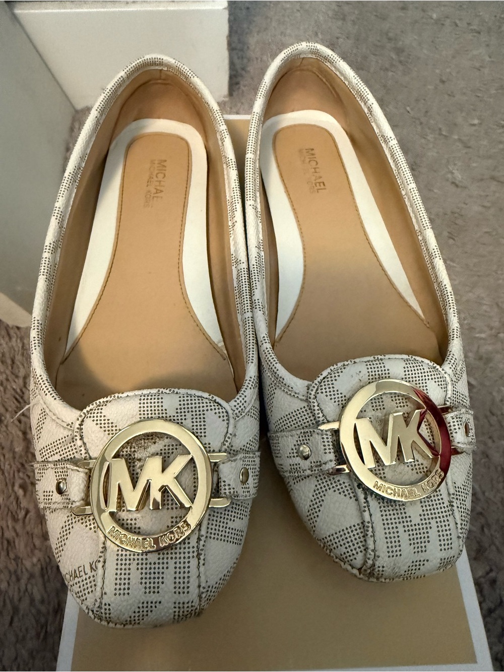 Michael Kors White Printed Logo Leather Loafers with Gold MK Emblem